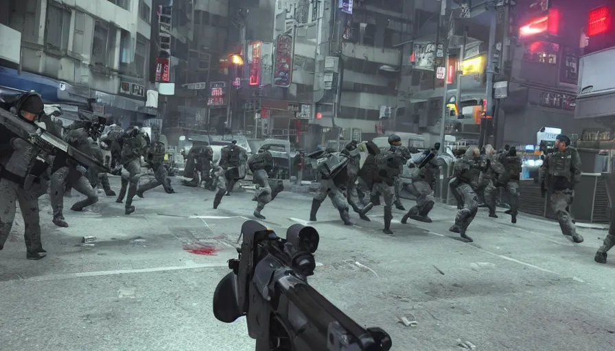 Image similar to 2020 Video Game Screenshot, Anime Neo-tokyo Cyborg bank robbers vs police, Set inside of the Bank, Open Vault, Multiplayer set-piece Ambush, Tactical Squads :9, Police officers under heavy fire, Police Calling for back up, Bullet Holes and Realistic Blood Splatter, :6 Gas Grenades, Riot Shields, Large Caliber Sniper Fire, Chaos, Metal Gear Solid Anime Cyberpunk, Akira Anime Cyberpunk, Anime Bullet VFX, Anime Machine Gun Fire, Violent Action, Sakuga Gunplay, Shootout, :7 Inspired by Escape From Tarkov :6, Intruder + Akira :12 by Katsuhiro Otomo: 19, 🕹️ 😎 🔫 🤖 🚬