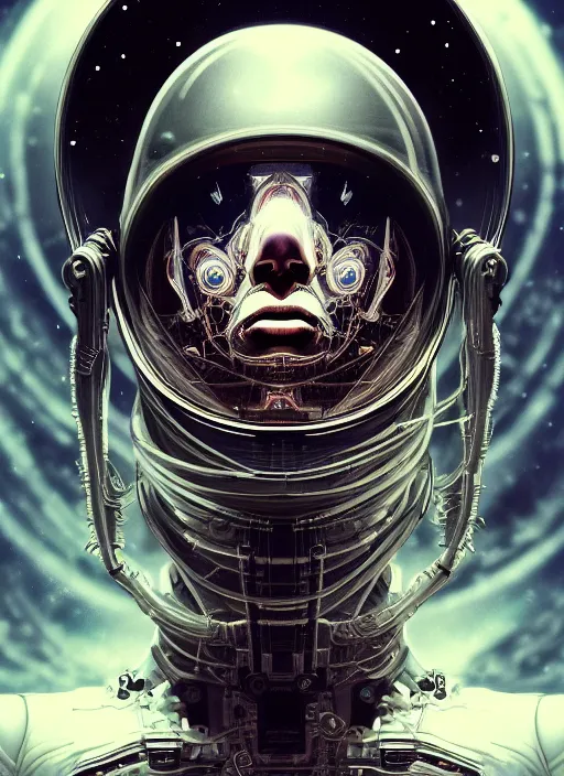 Prompt: symmetry!! portrait of astronaut, sci - fi horror, glowing lights!!, elegant, intricate, body horror, dark design, highly detailed, dark lighting, digital art, digital painting, artstation, smooth, sharp focus, illustration, art by artgerm and h r giger and greg rutkowski and alphonse mucha, 8 k