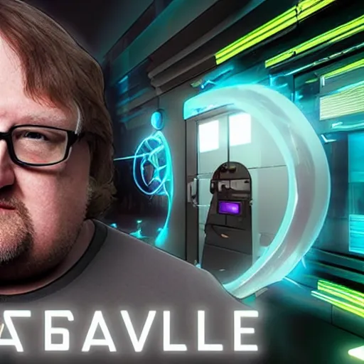 Prompt: Gabe newell enters the metaverse, futuristic, cyber, striking, impactful, colorful