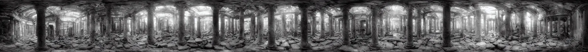 Image similar to photo of an immersive forgotten panopticon well, with columns and destroyed cybernetics from an ancient civilization, photorealistic, higly detailed dark, 3 6 0 picture, panorama, 3 5 mm slide, trending on flickr, in the style of francesca woodman, zachary corzine, zhelong xu, greg rutkowski and anders zorn