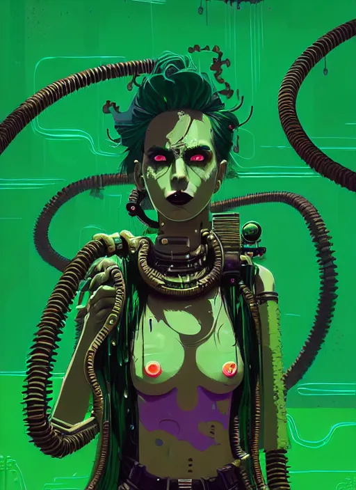 Image similar to highly detailed portrait of an moody wasteland punk long dripping green poison hair tribal lady, stray neon green sludge hoses by atey ghailan, james gilleard, by joe fenton, by greg rutkowski, by greg tocchini, by kaethe butcher, 4 k resolution, gradient purple, brown black and white color scheme!!! ( ( green flaming robotic sewer background ) )