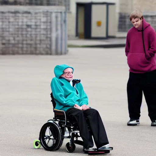 Prompt: Stephen Hawking skateboarding in a hoodie.