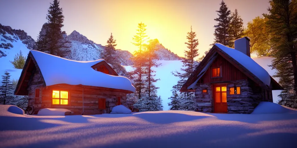 Image similar to a cozy little house in the woods, snowy mountains in the background relaxing, 3 d concept art by phillip urlich, chill, relaxing, peaceful, sunset, extremely detailed art, unreal engine 5, hyper realism