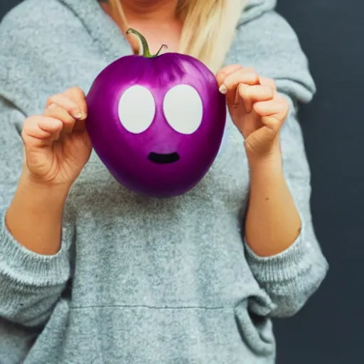 Image similar to a woman holding an eggplant emoji