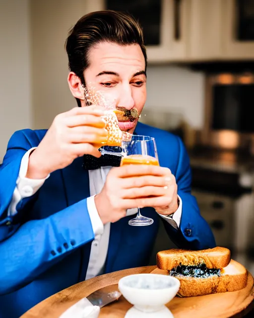 Prompt: photography of a fancy gentleman eating a toast with blue liquid spread over it,