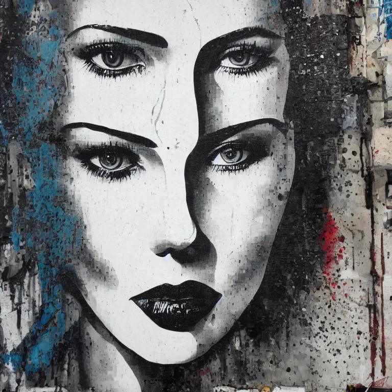 Image similar to Detailed street-art portrait of Scarlett Ingrid Johansson in style of Eduardo Korba, detailed face, high quality