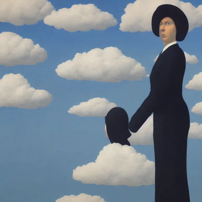 Prompt: portrait of a faceless shadow - head woman in a suit, clouds in the background, by rene magritte, detailed painting, distance, centered, hd, hq, high resolution, high detail, 4 k, 8 k