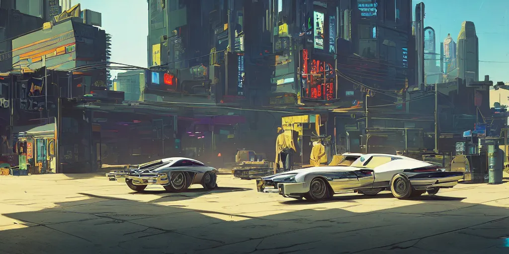 Image similar to art style by Ben Aronson and Edward Hopper and Syd Mead, wide shot view of the Cyberpunk 2077, on ground level.