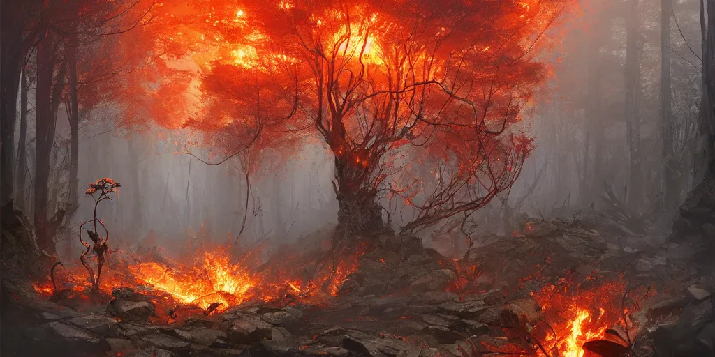 Image similar to a flaming forest, flaming leaves, magma, flame stones are scattered, flame ferns, flame shrubs, huge flame fantasy plant, covered in flame porcelain vine, artstation, by jakub rozalski, greg rutkowski, anthony avon