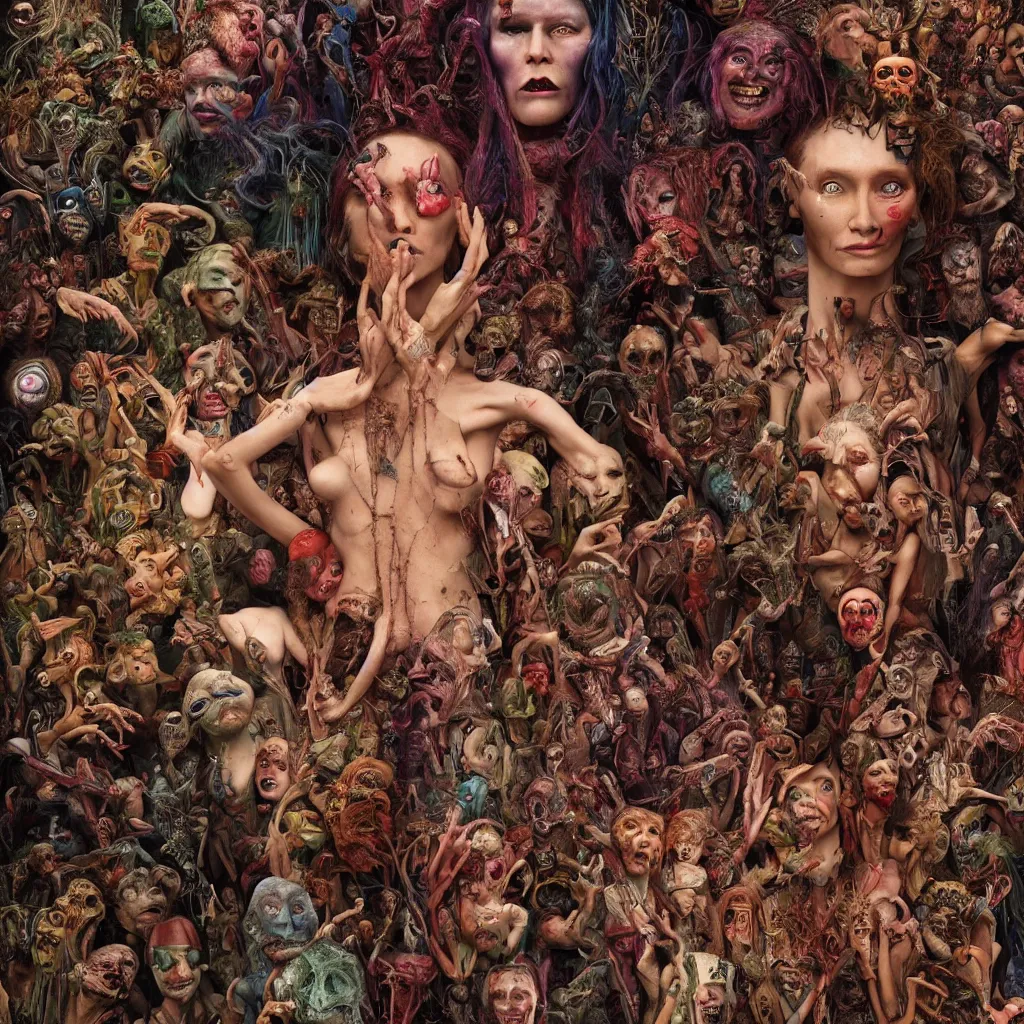 Image similar to 35mm color, humans enslaved, artificial intelligence, portrait, fashion shoot, freak show, weird, random, strange, hyperdetailed, photorealistic, interesting, by David la chapelle and karol bak and david cronenberg and WETA digital, art by Ivan Bilibin, Dariusz Zawadzki , ID magazine, octane rendering, cinematic, hyperrealism, octane rendering, 8k, depth of field, bokeh.