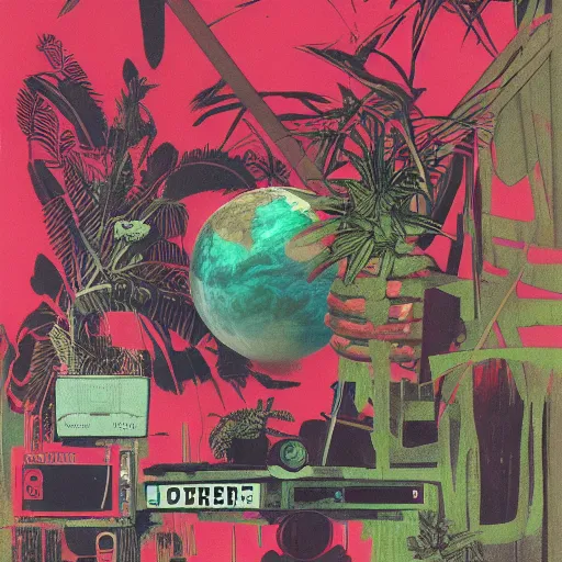 Prompt: 1980 xerox fanzine cutout collage, ancient greek, morning hour on Jupiter, punk party, tropical plants, painted part by Kilian Eng, part by robert doisneau, part by zdzisław beksiński, composition by aleksi briclot, kodachrome