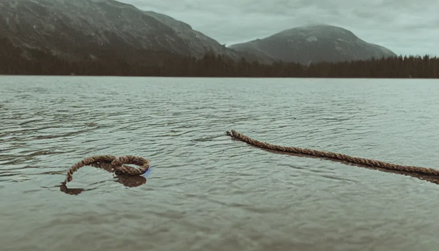 Prompt: wide shot of a bundle of rope on the surface of water, in the middle of a lake, overcast day, rocky foreground, 2 4 mm leica anamorphic lens, moody scene, stunning composition, hyper detailed, color kodak film stock