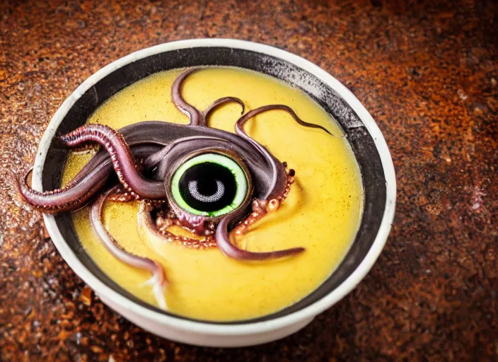 Image similar to dslr photograph of a bowl eldritch horror soup filled with tentacles and eyeballs on a damp sewer floor, 8 5 mm f 1. 8