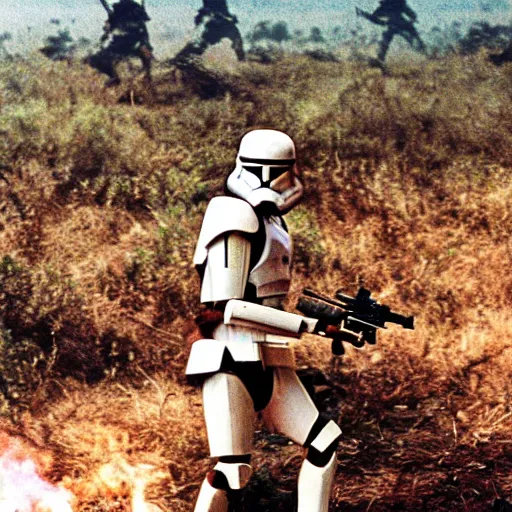 Image similar to star wars clone troopers combat soldiers in vietnam, photo, old picture, lush landscape, jungle, firearms, explosions, helicopters, aerial combat, active battle zone, flamethrower, air support, jedi, land mines, gunfire, violent, star destroyers, star wars lasers, sci - fi, jetpacks, agent orange, bomber planes, smoke, trench warfare