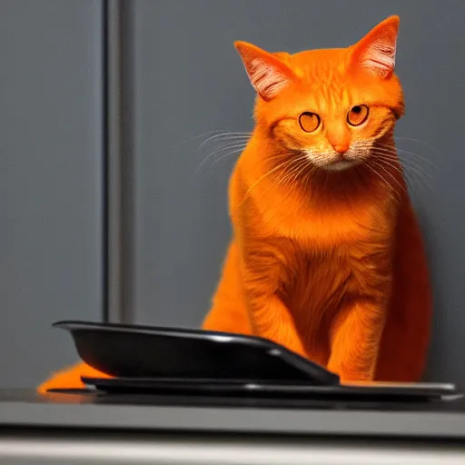 Image similar to an orange cat staring at a drawer ~ on fire ~ fire ~ high - resolution photo ~