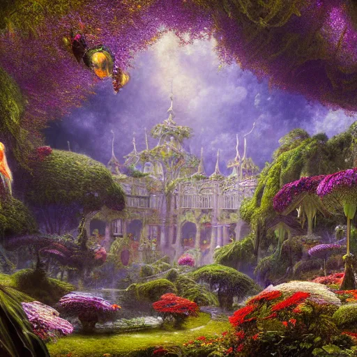 Image similar to a beautiful and highly detailed matte painting of a beautiful palace in a magical fantasy forest garden, colorful flowers, psychedelic patterns, epic scale, insanely complex, hyperdetailed, sharp focus, hyperrealism, artstation, cgsociety, 8 k, bright colors, by caspar friedrich, albert bierstadt, james gurney, brian froud,