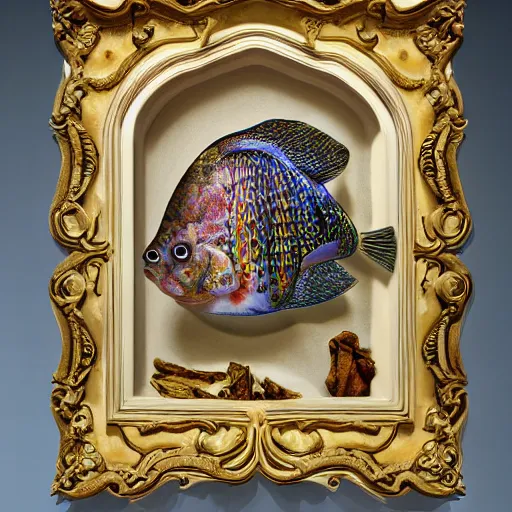 Image similar to hyperrealistic side portrait of a beautiful fish, intricate ornamental gothic rococo designs, heavily decorated,