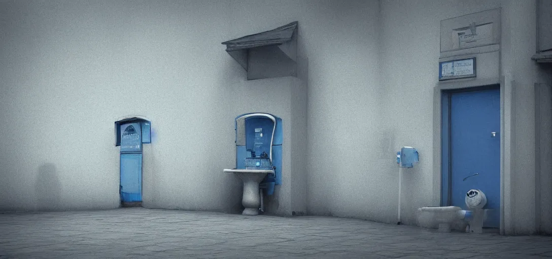 Prompt: a ghost queuing to use a public toilet, cinematic, blue, digital art