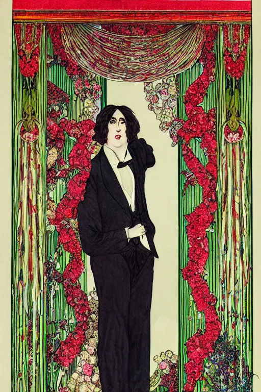 Image similar to realistic portrait of oscar wilde in the center of an ornate red velvet curtain frame with flowers growing, detailed art by kay nielsen and walter crane, illustration style, watercolor