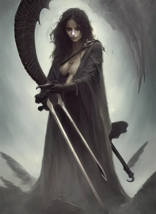Prompt: a portrait of a beautiful angel of death holding a large scythe by marco bucci and greg rutkowski, sharp focus, detailed, cinematic, closeup