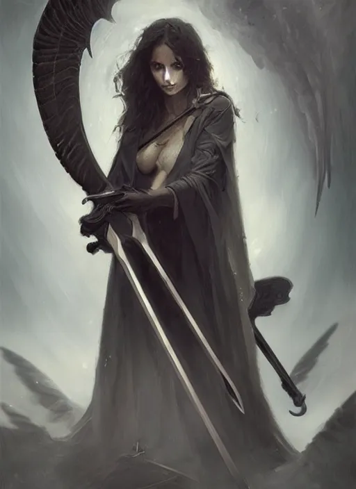 Beautiful Young Girl, she is a Black Angel of Death with a Magic Staff in  Her Hands, Barefoot Hovering in the Middle of an Stock Illustration -  Illustration of angel, girl: 214908511