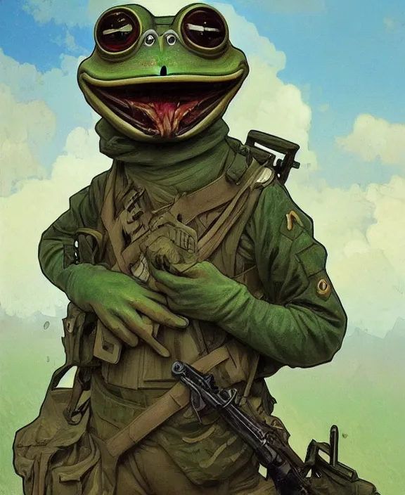 Prompt: Pepe the Frog in military uniform, Schutztruppe, German East Afrika, WW1 Tooth Wu Artgerm Greg Rutkowski Alphonse Mucha Beeple artstation deviantart, 8k, fanart, extreme aesthetic