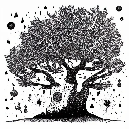 Prompt: black and white ink doodle illustration of an ancient tree floating in outer space, overgrown with funghi, style by peter deligdisch, peterdraws