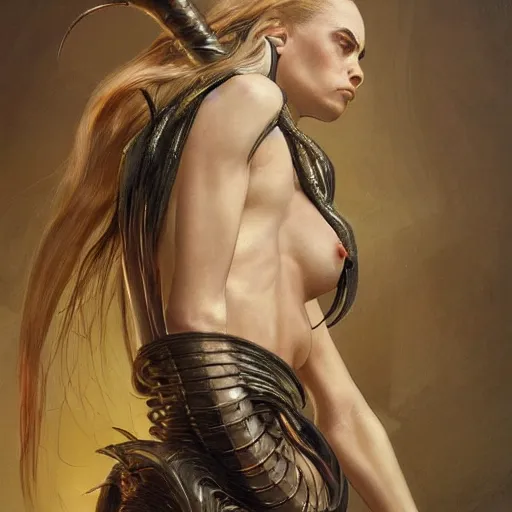 Prompt: Cara Delevigne, physically accurate, dynamic lighting, intricate, elegant, highly detailed, digital painting, artstation, HR GIGER, Hieronymus Bosch, Francis Bacon, concept art, smooth, sharp focus, illustration, art by artgerm and greg rutkowski and alphonse mucha