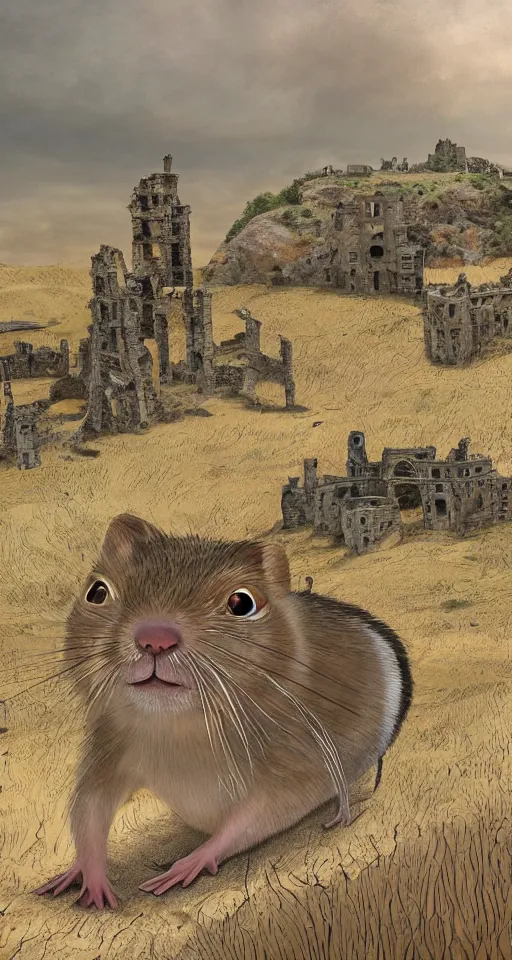 Image similar to close - up selfie shot of dwarf fat - tailed jerboa with rusty broken building constructions of a giant spiral upside - down staircase for multiple cases, leading to the sky, the ruins, in the steppe, summer field, misty background, from the game pathologic 2, highly detailed, sharp focus, matte painting, by isaac levitan and asher brown durand,