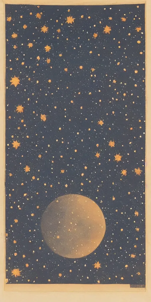 Image similar to oriental painting of the nebula, moon is high above the earth, detailed, refined, high quality, parchment, blackened space, lots of stars