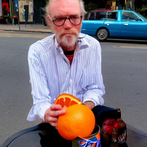 Image similar to hugh hopper on a street corner eating an orange fruit and drinking a pepsi