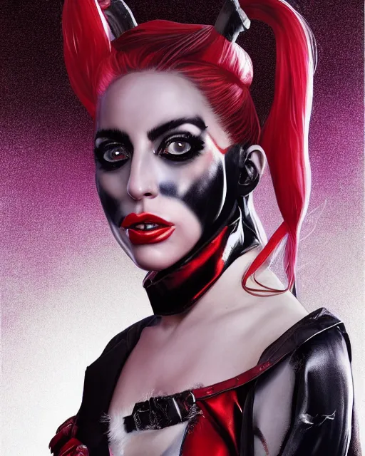 Image similar to 5 5 mm portrait photo of lady gaga as harley quinn. beautiful. magical atmosphere. art by artgerm and greg rutkowski. highly detailed 8 k. intricate. lifelike. soft light. nikon d 8 5 0.