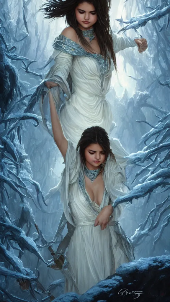 Image similar to Selena Gomez casting an frost spell, D&D, fantasy, intricate, elegant, highly detailed, digital painting, artstation, concept art, matte, sharp focus, illustration, hearthstone, art by Artgerm and Greg Rutkowski and Alphonse Mucha