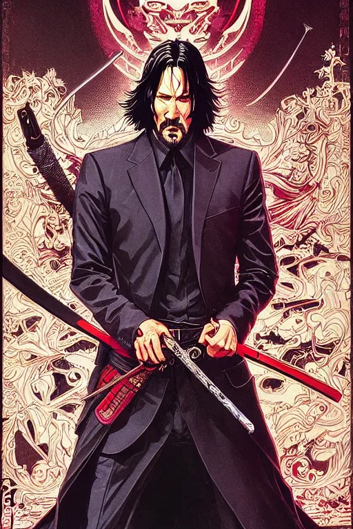 Image similar to poster of john wick as a samurai, by yoichi hatakenaka, masamune shirow, josan gonzales and dan mumford, ayami kojima, takato yamamoto, barclay shaw, karol bak, yukito kishiro, highly detailed