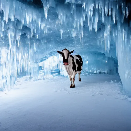 Prompt: a cow in an ice cave, photo