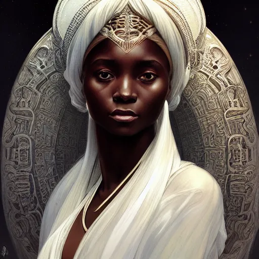 Image similar to 3 / 4 view portrait of an african moon goddess, with white skin, intricate, elegant, highly detailed, digital painting, artstation, concept art, smooth, sharp focus, illustration, art by artgerm and greg rutkowski and alphonse mucha and william - adolphe bouguereau