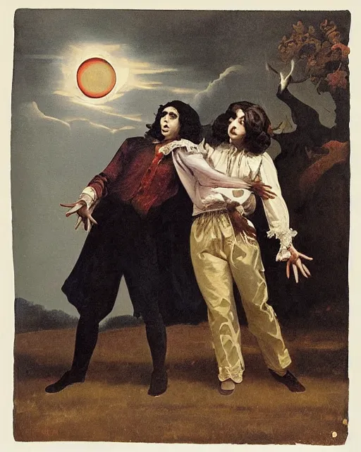 Image similar to a baroque painting of two beautiful but sinister young men wearing oxford shirts in layers of fear, with haunted eyes and dark hair, 1 9 7 0 s, seventies, wallpaper, a little blood, moonlight showing injuries, delicate embellishments, painterly, offset printing technique, by brom, robert henri, walter popp