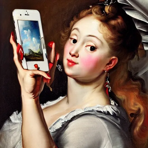 Image similar to heavenly summer sharp land sphere scallop well dressed lady taking a selfie with her iphone auslese, by peter paul rubens and eugene delacroix and karol bak, hyperrealism, digital illustration, fauvist, iphone