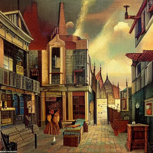 Image similar to interior of a large city, in small streets in the style of Dorning Rasbotham, English artist and writer, surrealist