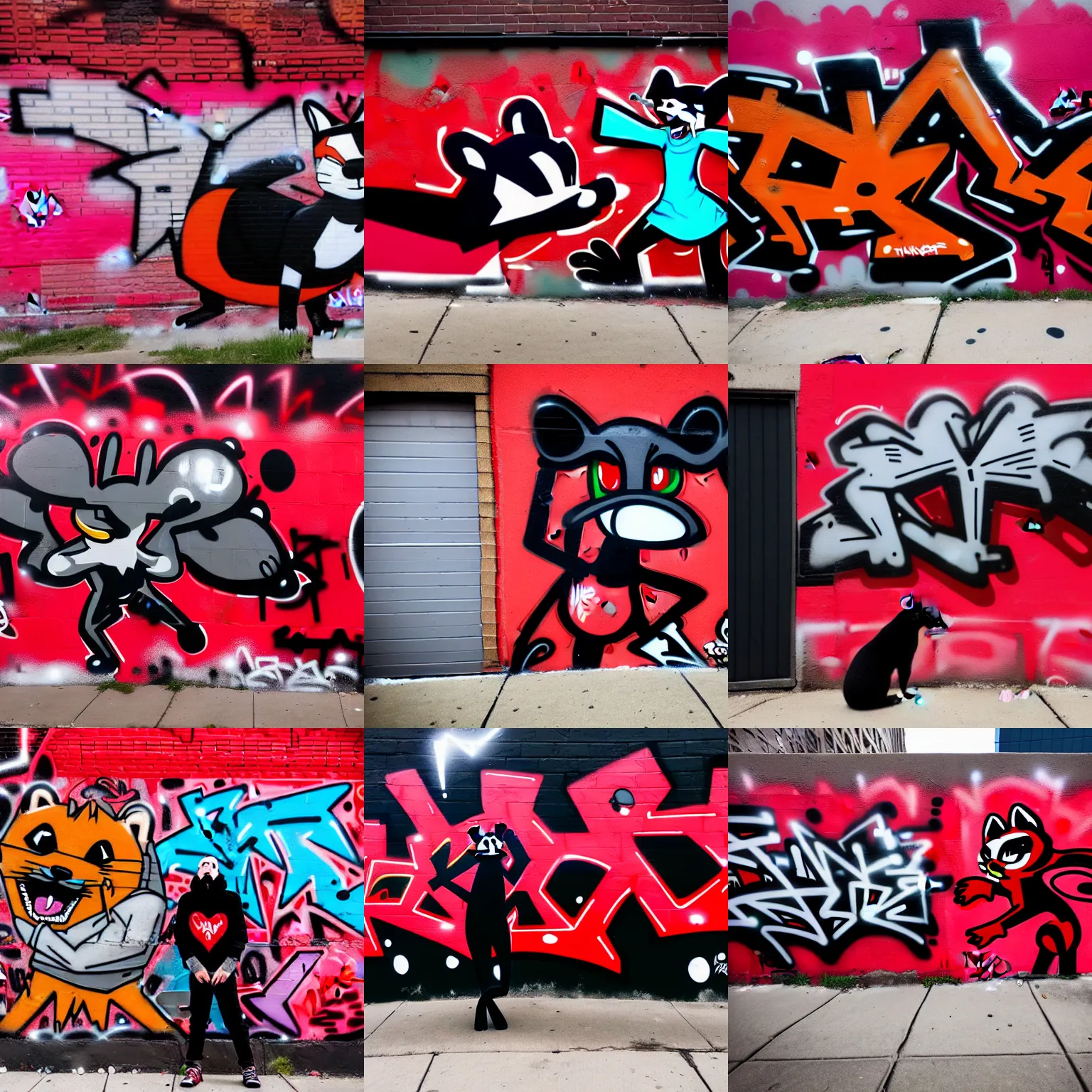 Prompt: photo [ far, angled ], subject [ furry _ fandom _ fursona _ original _ character ( red - black, anthropomorphic _ humanoid _ furry, weasel - ferret - stoat ) ], medium [ graffiti, wall ], location [ chicago ( alley ) ]