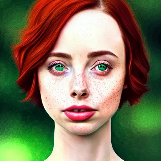 Image similar to realistic character concept, gorgeous Kacey Rohl, red hair, small freckles, symmetrical face, symmetrical eyes, green dress, forest, trees, shorter neck, cinematic lighting, artgerm and Adreas Rocha, beautiful