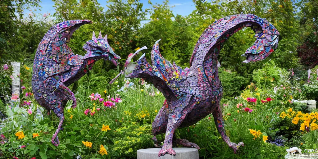 Image similar to folk art garden sculptures in an english cottage garden, cottagecore flower garden, concrete sculpture of a wyvern, colorful mosaic, sculpture by wouterina de raad!!!, art by james tellen, highly detailed, realistic anatomical proportions, textured hand built concrete sculpture, amazing concrete sculpture, 4 k