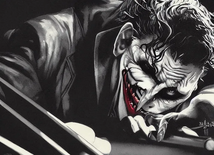 Image similar to a highly detailed beautiful portrait of the joker playing pool by yoji shinkawa