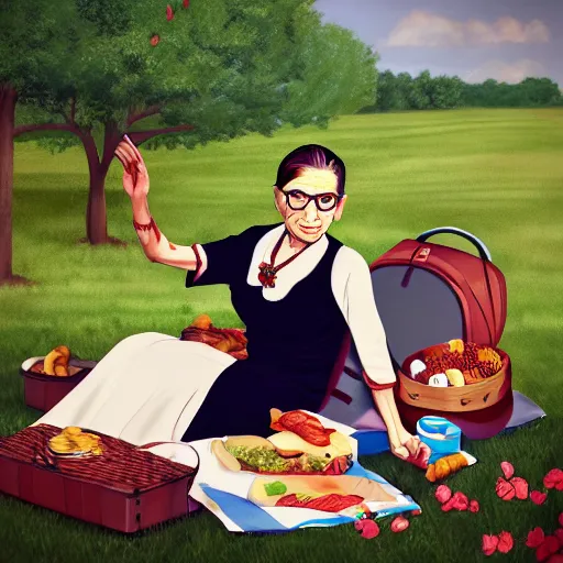 Prompt: Ruth Bader Ginsburg on a picnic, HD detailed photograph, trending on artstation