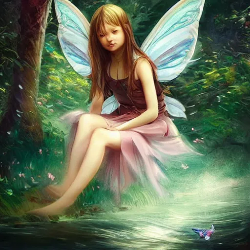 Image similar to child fairy fliying iver a river, forest by ross tran, highly detailed face