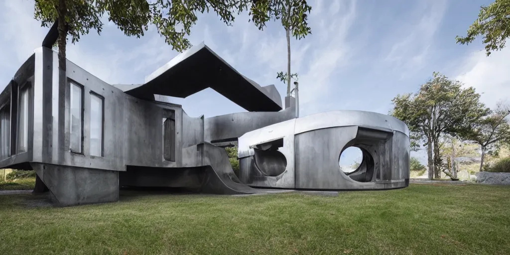 Image similar to futuristic residence, made of corrogated steel half tubes