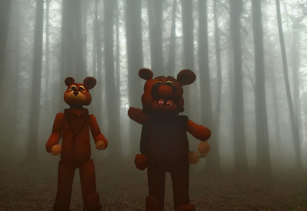 Image similar to low quality iphone photo of freddy fazbear standing ominously deep in the foggy woods with a demonic smile in his face, low visibility, grainy, creepy