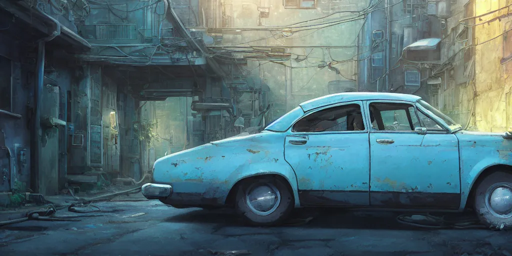Prompt: a wholesome animation key shot of a focused old blue car parked in an abandoned alleyway, medium shot, waist up, studio Ghibli, Pixar and Disney animation, sharp, very detailed, high resolution, Rendered in Unreal Engine 5, anime key art by Greg Rutkowski, Bloom, dramatic lighting