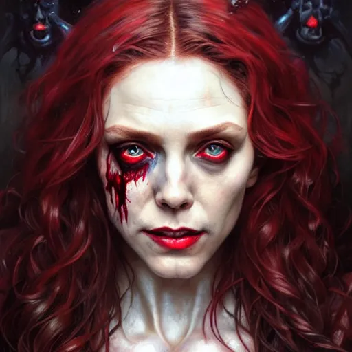 Image similar to portrait painting of zombified scarlet witch decaying, ultra realistic, concept art, intricate details, eerie, highly detailed, photorealistic, octane render, 8 k, unreal engine. art by artgerm and greg rutkowski and charlie bowater and magali villeneuve and alphonse mucha