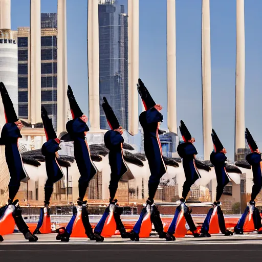 Prompt: a military parade doing goose steps while holding giant keyboards, 4 k photography